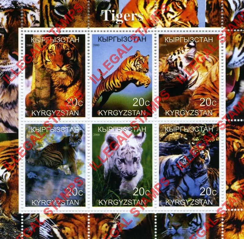 Kyrgyzstan 2000 Tigers Illegal Stamp Sheetlet of Six