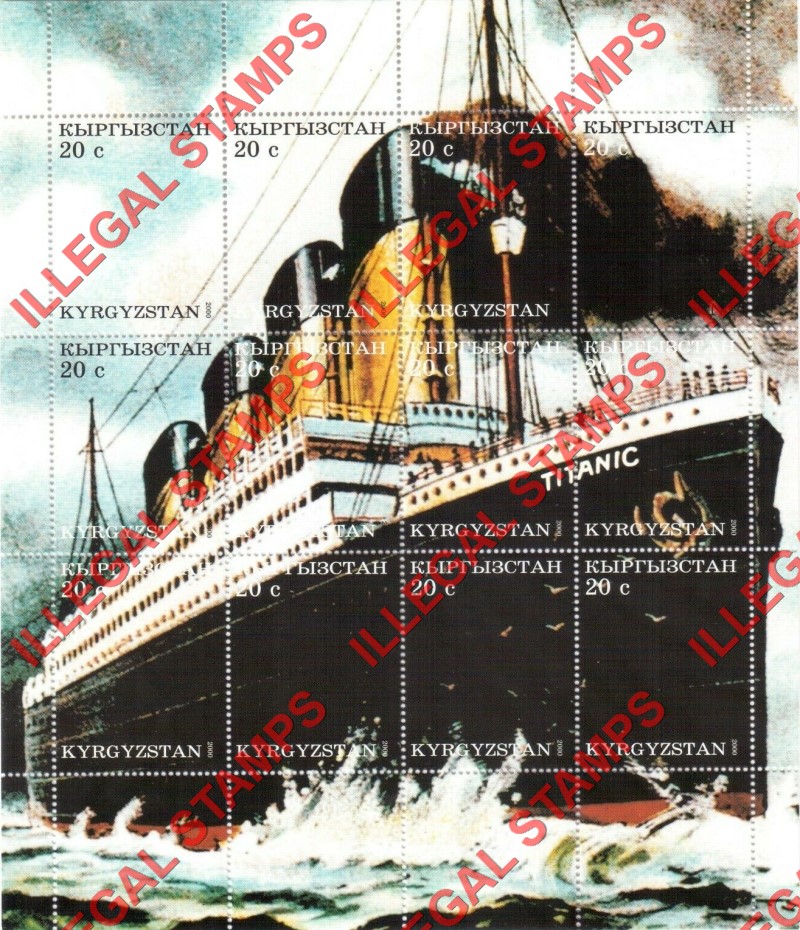 Kyrgyzstan 2000 Titanic Illegal Stamp Sheetlet of Twelve