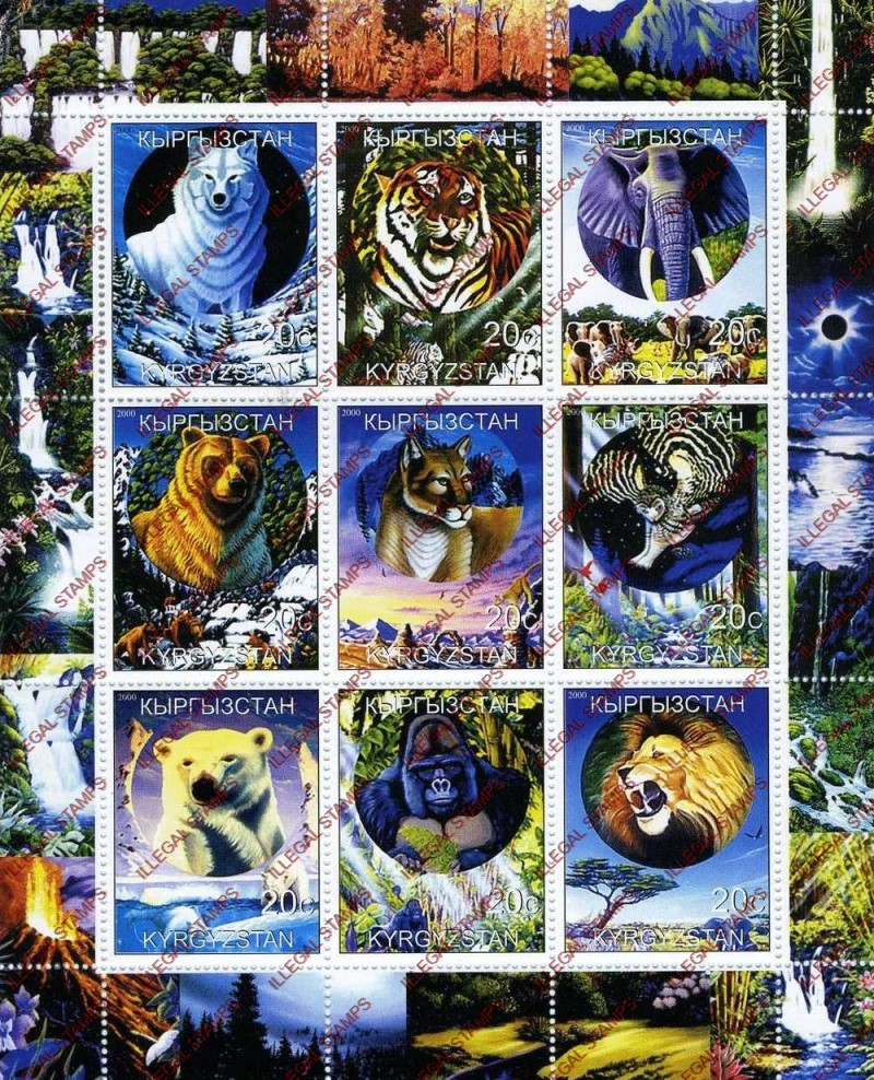 Kyrgyzstan 2000 Wild Animals Endangered Illegal Stamp Sheetlet of Nine