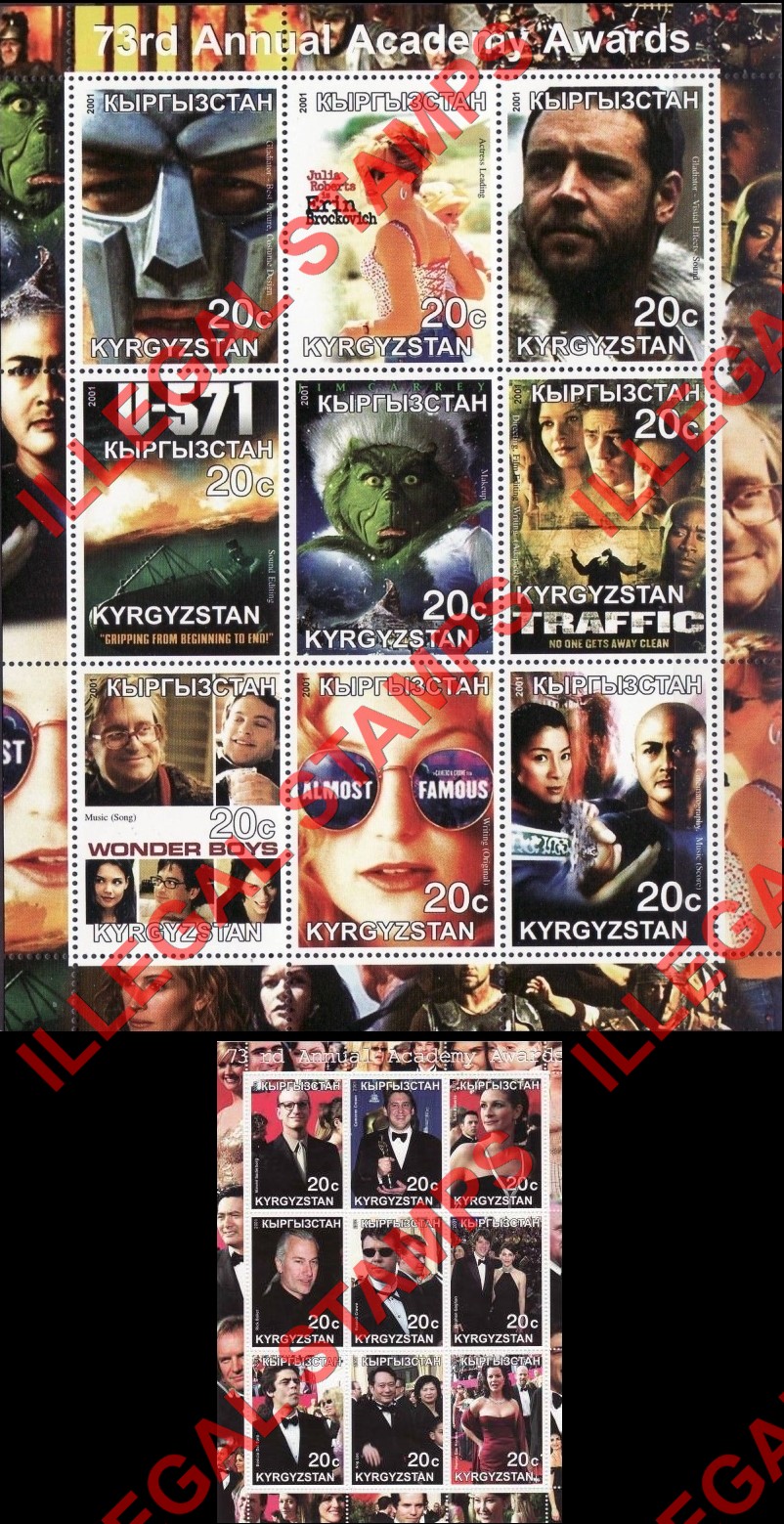 Kyrgyzstan 2001 73rd Academy Awards Illegal Stamp Sheetlets of Nine