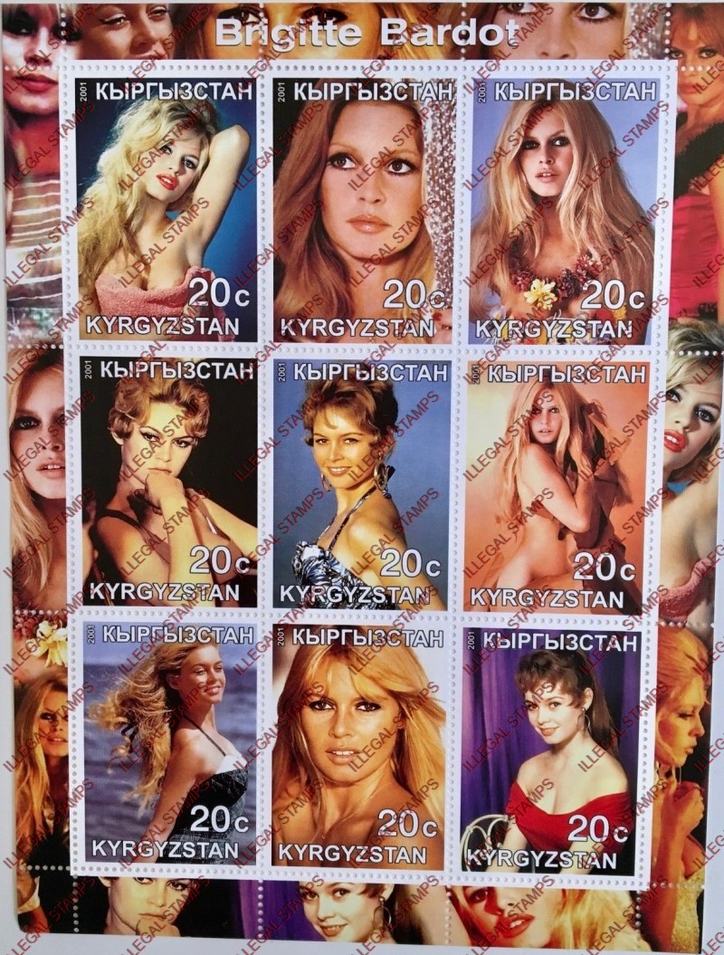 Kyrgyzstan 2001 Brigitte Bardot Illegal Stamp Sheetlet of Nine