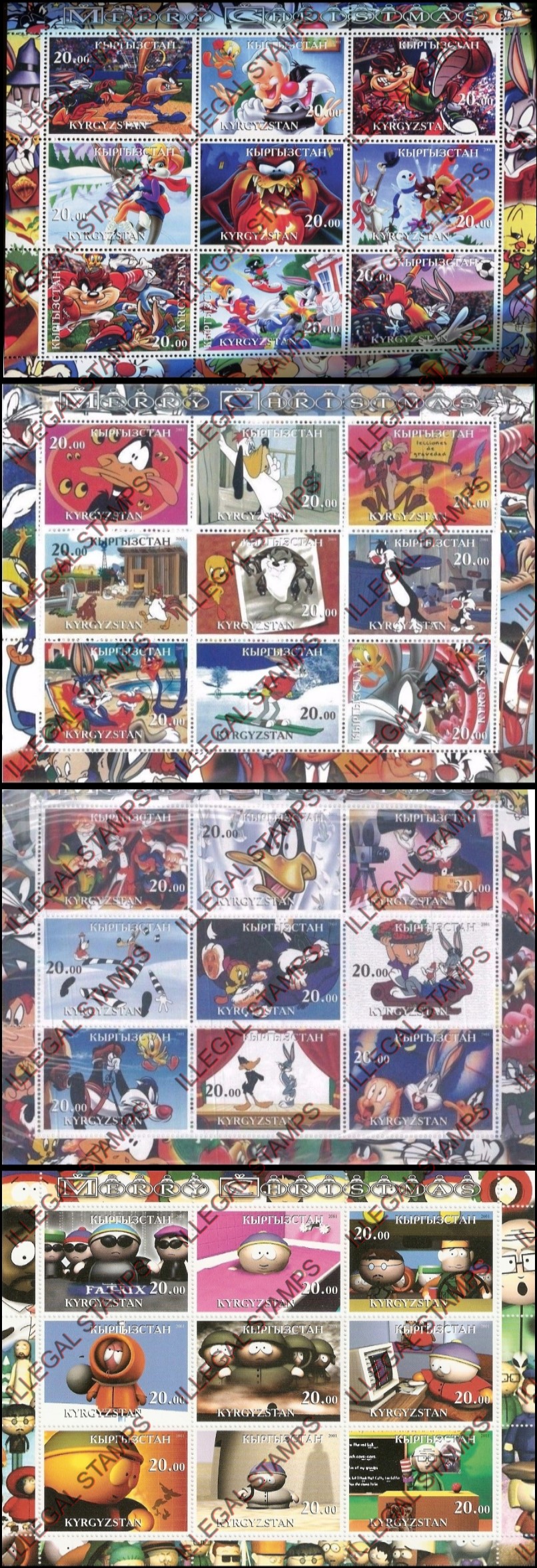 Kyrgyzstan 2001 Cartoons Merry Christmas Illegal Stamp Sheetlets of Nine