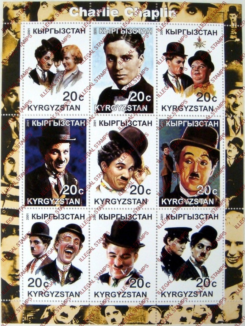 Kyrgyzstan 2001 Charlie Chaplin Illegal Stamp Sheetlet of Nine