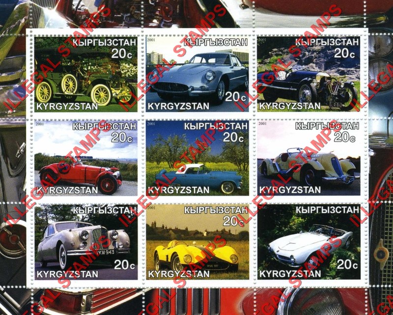 Kyrgyzstan 2001 Classic Cars Illegal Stamp Sheetlet of Nine