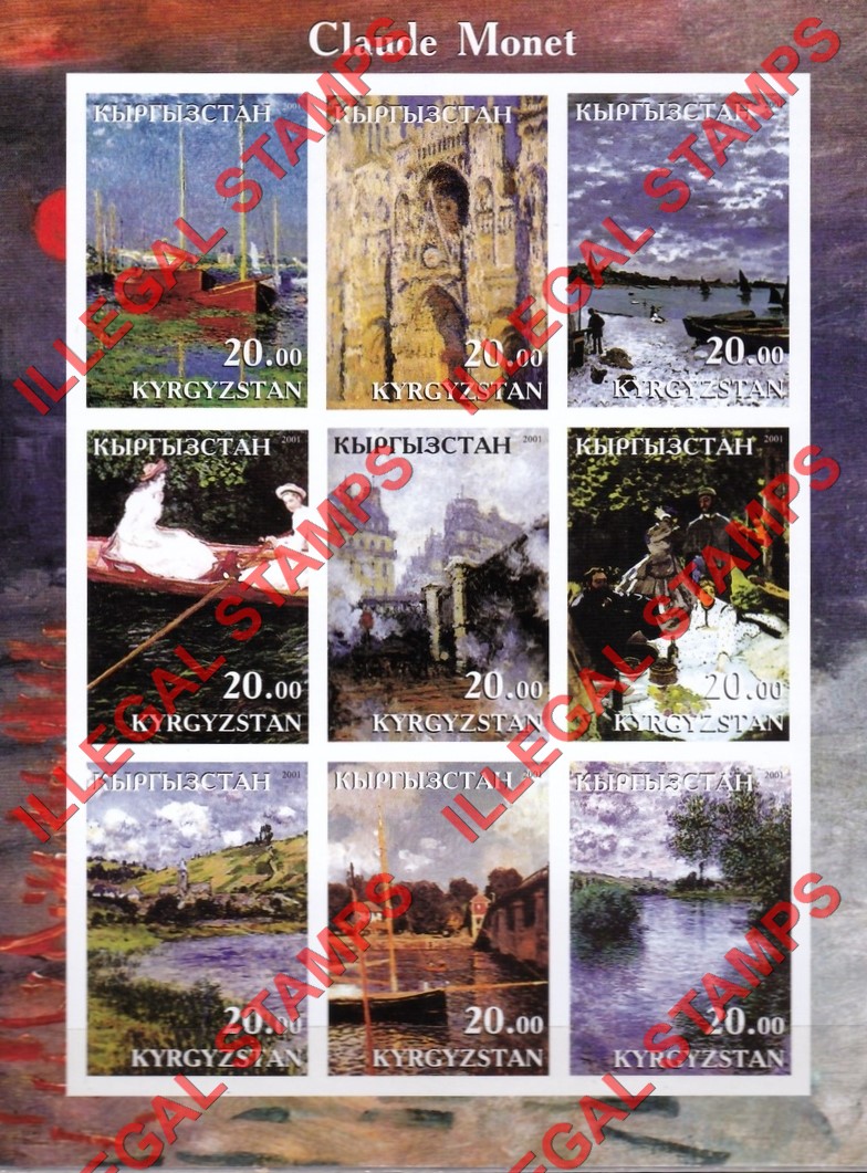 Kyrgyzstan 2001 Claude Monet Paintings Illegal Stamp Sheetlet of Nine
