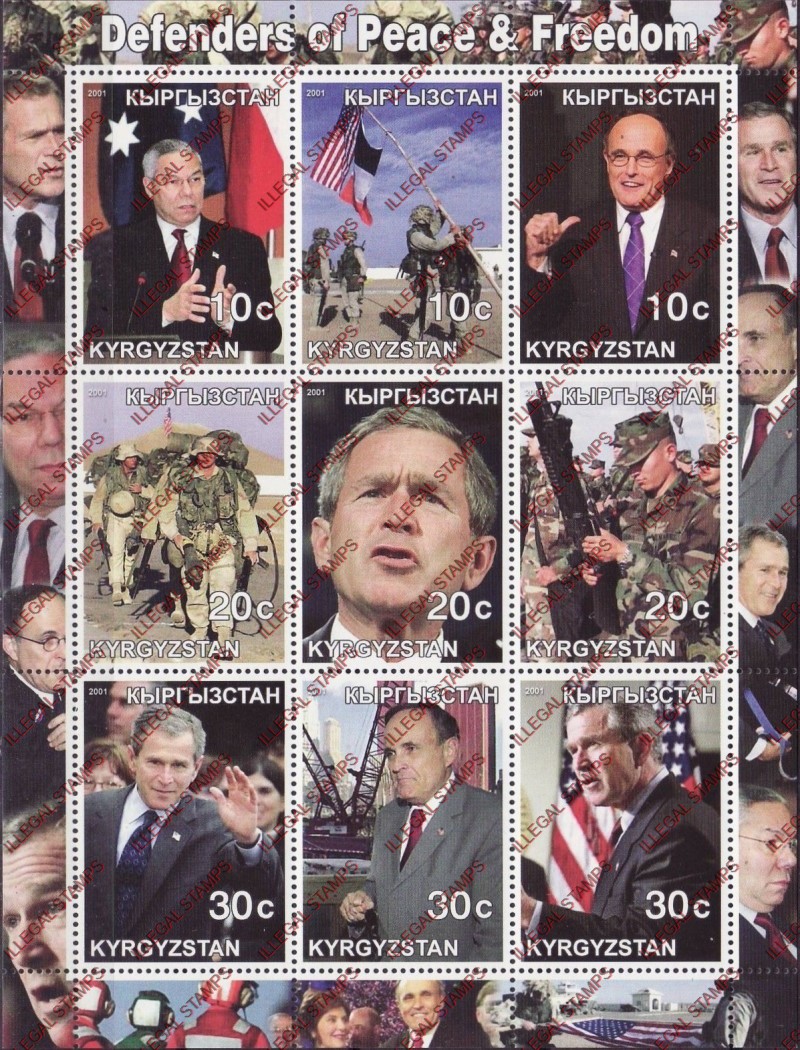 Kyrgyzstan 2001 Defenders George Bush Illegal Stamp Sheetlet of Nine