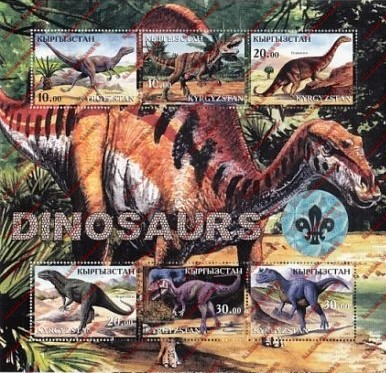 Kyrgyzstan 2001 Dinosaurs Illegal Stamp Sheetlet of Six with Hologram Scouts Logo