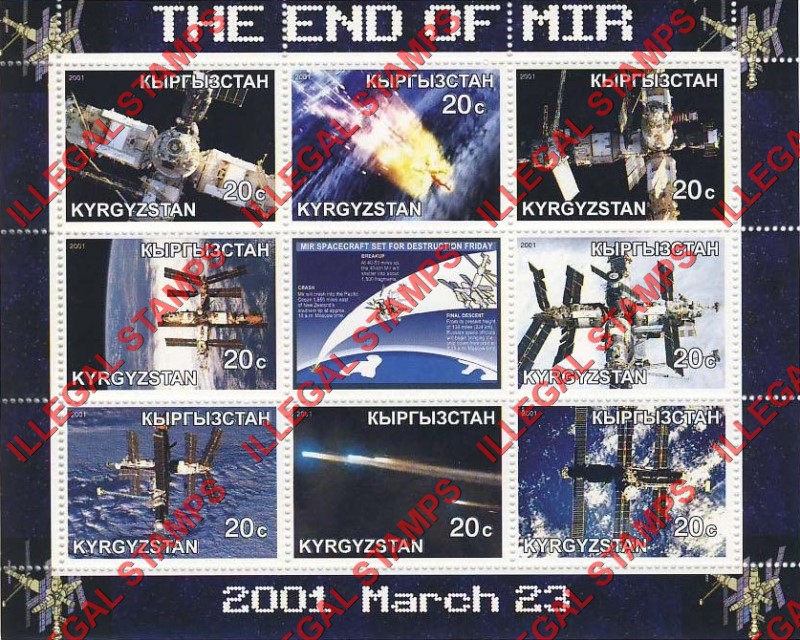 Kyrgyzstan 2001 End of Mir Space Station Illegal Stamp Sheetlet of Nine