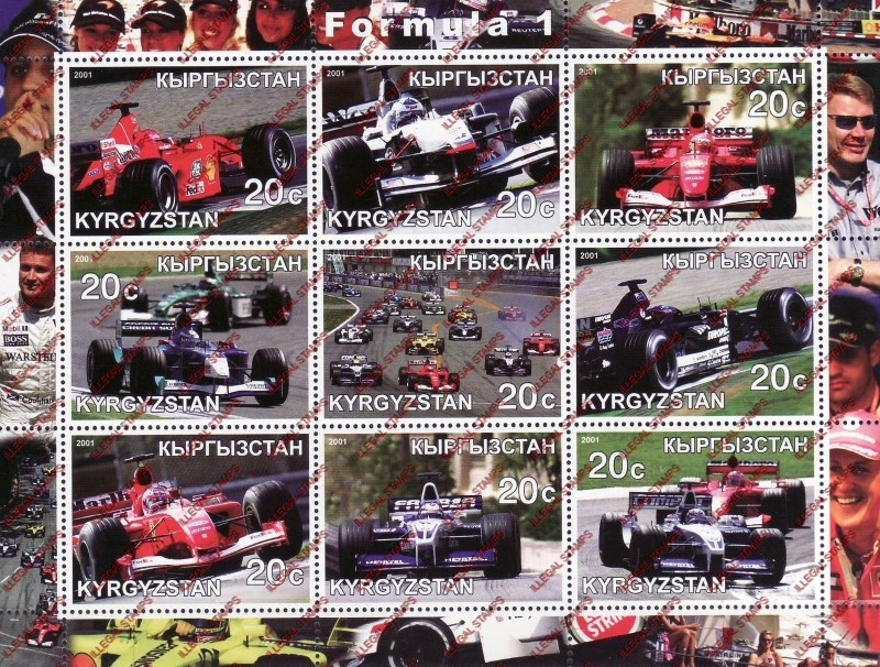 Kyrgyzstan 2001 Formula 1 Illegal Stamp Sheetlet of Nine