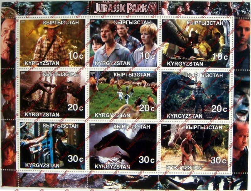 Kyrgyzstan 2001 Jurassic Park Illegal Stamp Sheetlet of Nine