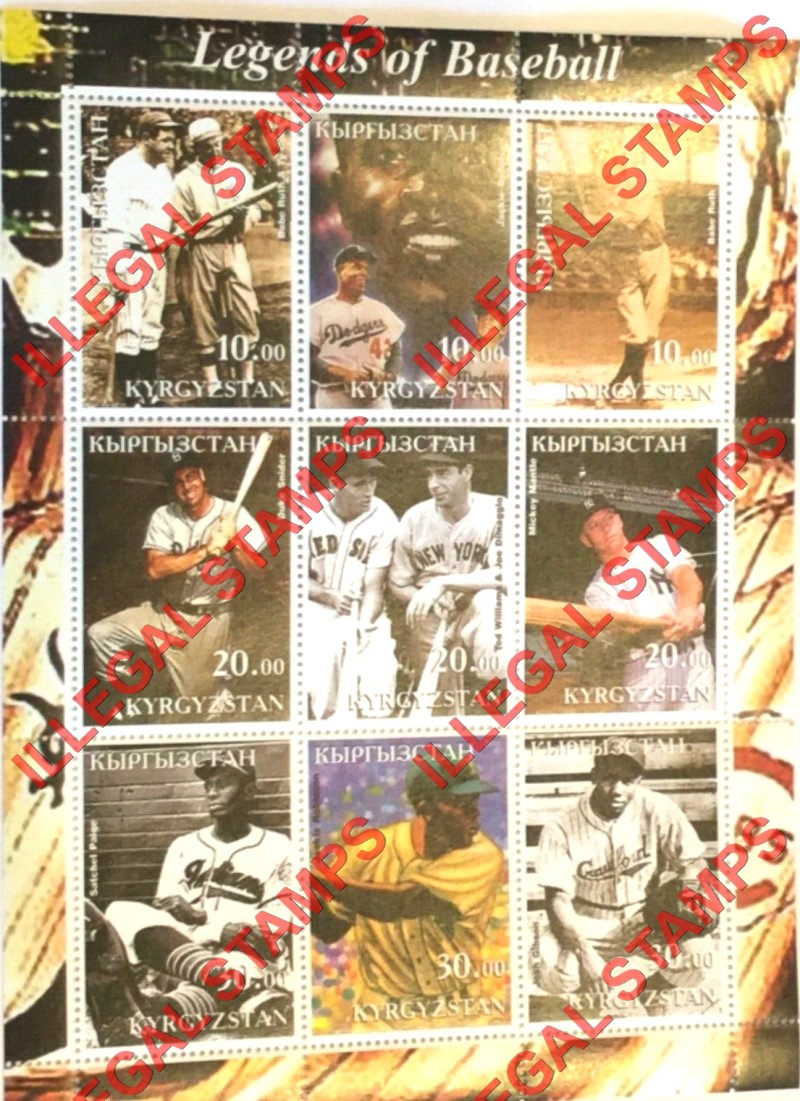 Kyrgyzstan 2001 Legends of Baseball Illegal Stamp Sheetlet of Nine