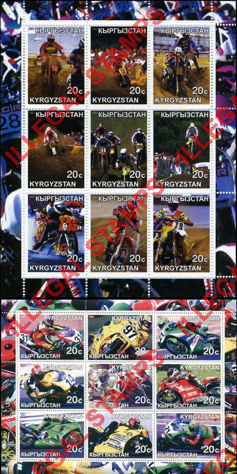 Kyrgyzstan 2001 Motorcycles Racing Illegal Stamp Sheetlets of Nine