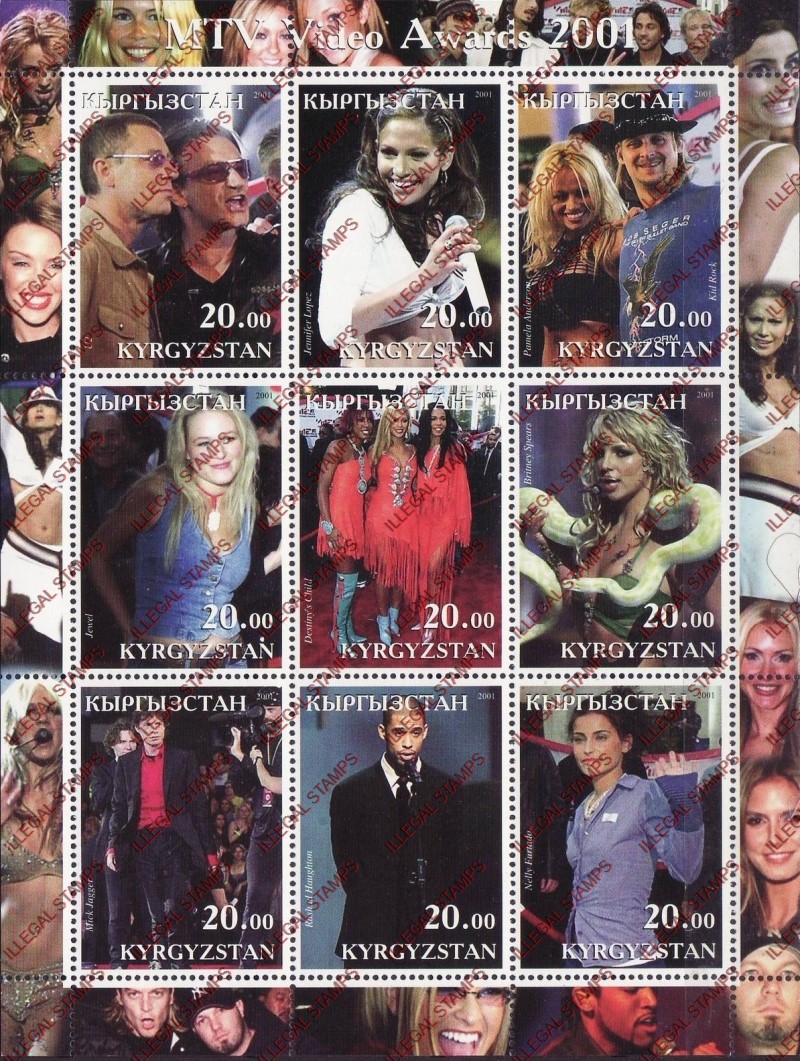 Kyrgyzstan 2001 MTV Video Awards Illegal Stamp Sheetlet of Nine