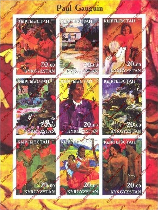 Kyrgyzstan 2001 Paul Gauguin Paintings Illegal Stamp Sheetlet of Nine