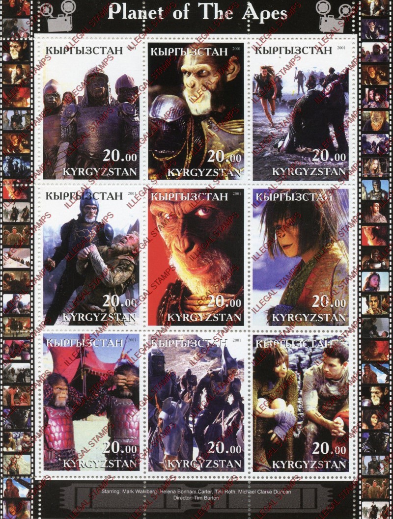 Kyrgyzstan 2001 Planet of the Apes Illegal Stamp Sheetlet of Nine