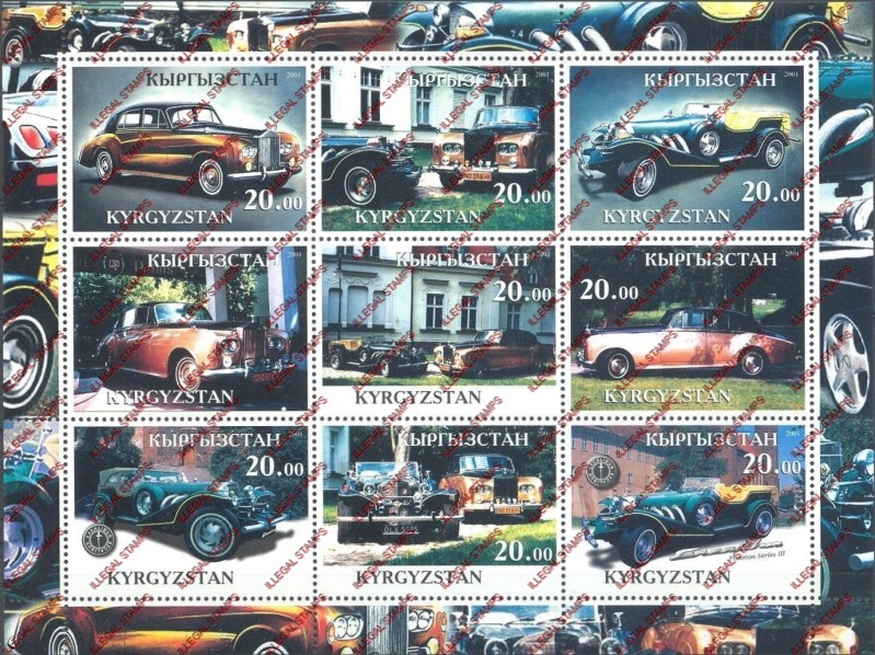 Kyrgyzstan 2001 Rolls Royce Classic Cars Illegal Stamp Sheetlet of Nine