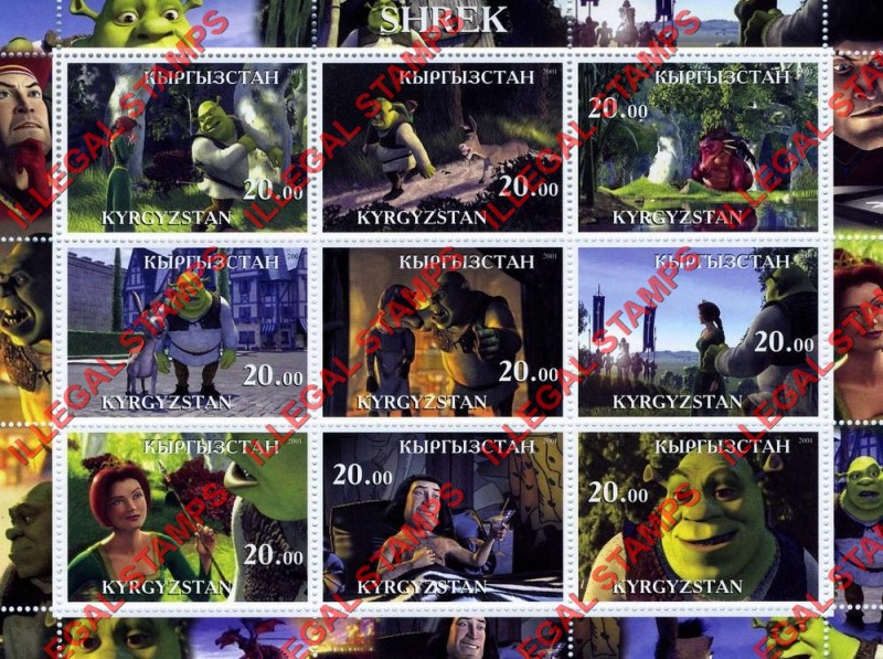 Kyrgyzstan 2001 Shrek Illegal Stamp Sheetlet of Nine