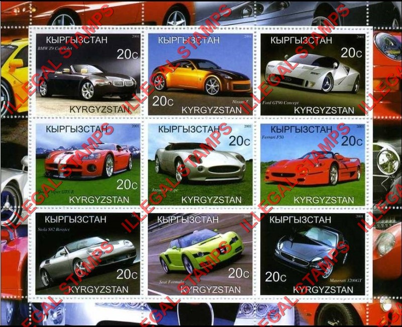 Kyrgyzstan 2001 Sport Cars Illegal Stamp Sheetlets of Nine