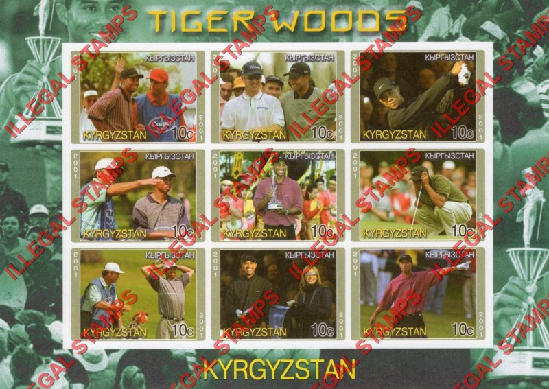 Kyrgyzstan 2001 Tiger Woods Golf Illegal Stamp Sheetlet of Nine