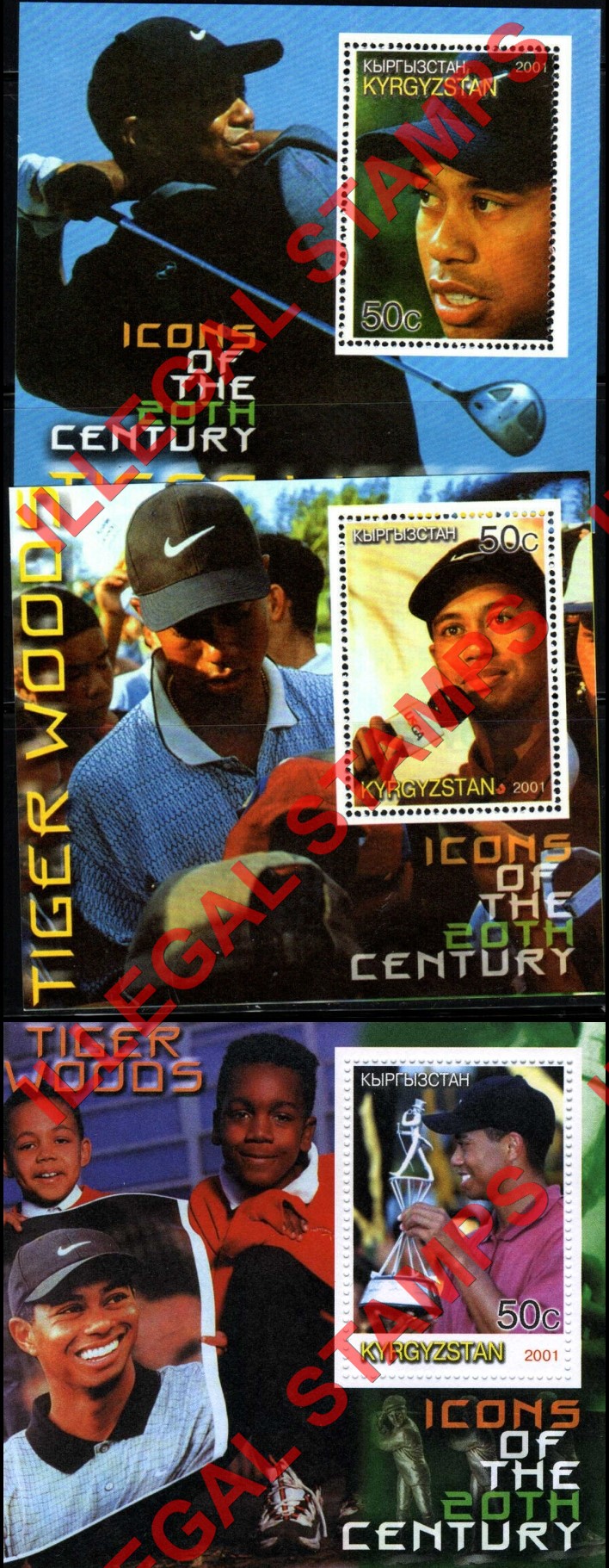 Kyrgyzstan 2001 Tiger Woods Illegal Stamp Souvenir Sheets of One