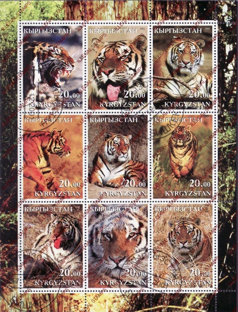 Kyrgyzstan 2001 Tigers Illegal Stamp Sheetlet of Nine
