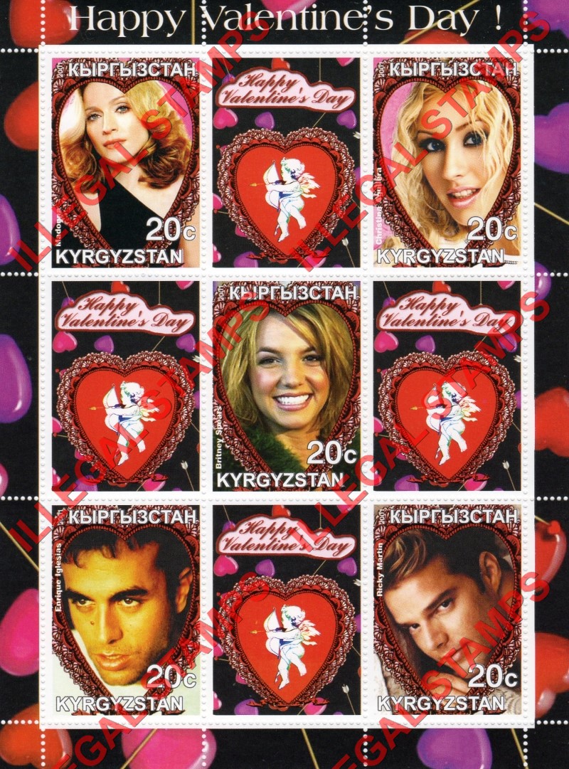Kyrgyzstan 2001 Valentines Day Illegal Stamp Sheetlet of Nine