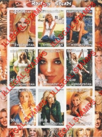 Kyrgyzstan 2002 Britney Spears Illegal Stamp Sheetlet of Nine