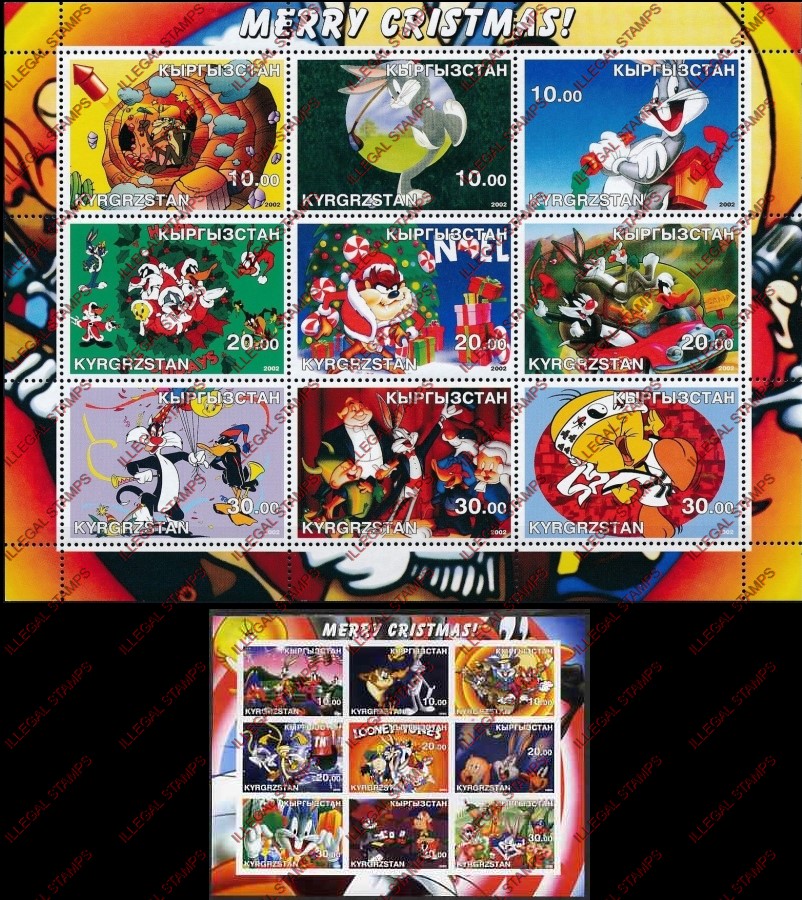 Kyrgyzstan 2002 Merry christmas Looney Tunes Cartoons Illegal Stamp Sheetlets of Nine