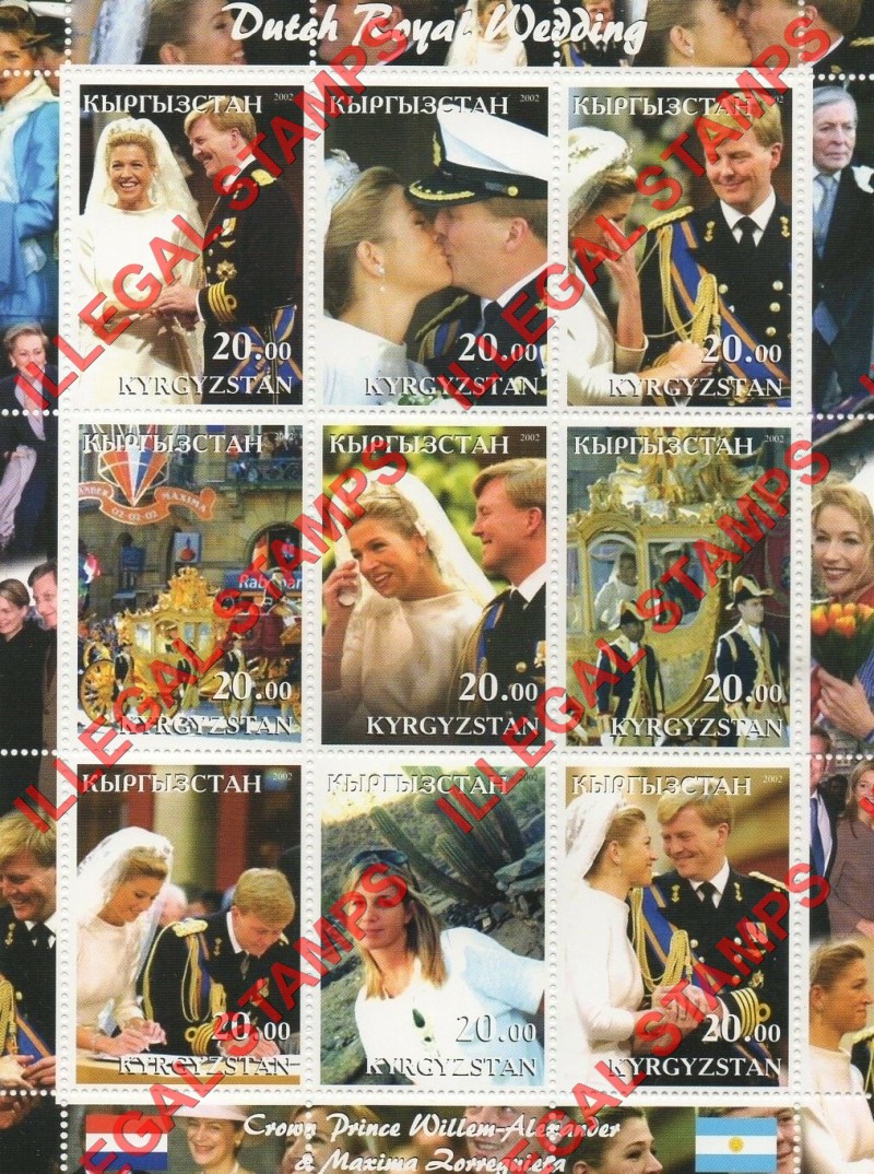 Kyrgyzstan 2002 Dutch Royal Wedding Illegal Stamp Sheetlet of Nine