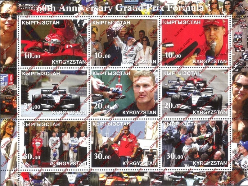 Kyrgyzstan 2002 60th Anniversary Grand Prix Formula 1 Illegal Stamp Sheetlet of Nine