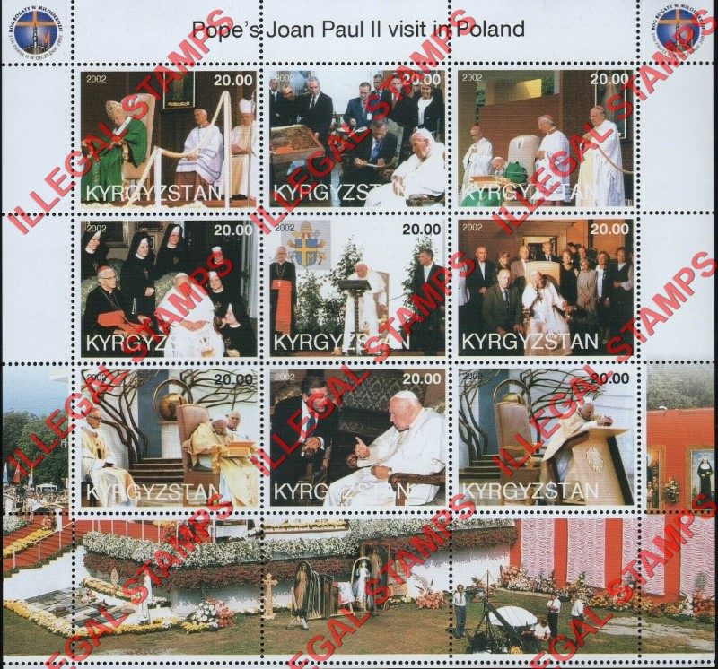 Kyrgyzstan 2002 Pope John Paul II Visit to Poland Illegal Stamp Sheetlet of Nine