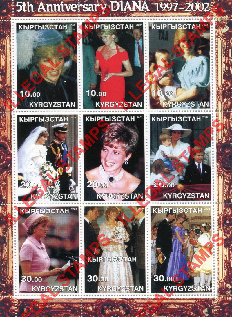 Kyrgyzstan 2002 Princess Diana Illegal Stamp Sheetlet of Nine (Sheet 1)