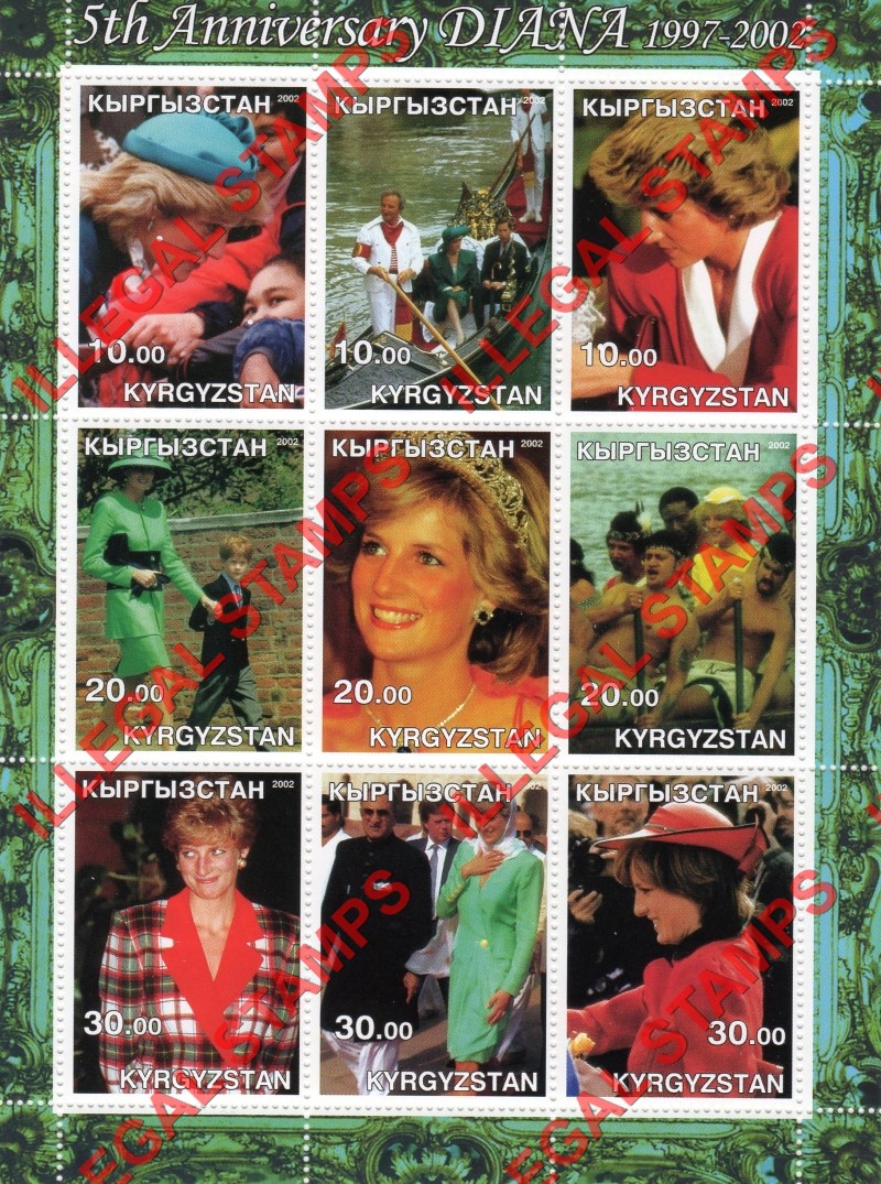 Kyrgyzstan 2002 Princess Diana Illegal Stamp Sheetlet of Nine (Sheet 2)