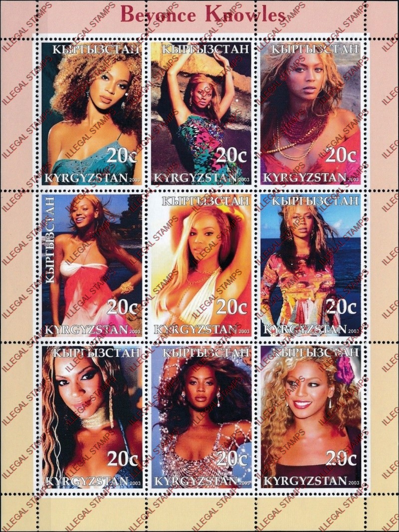 Kyrgyzstan 2003 Beyonce Knowles Illegal Stamp Sheetlet of Nine