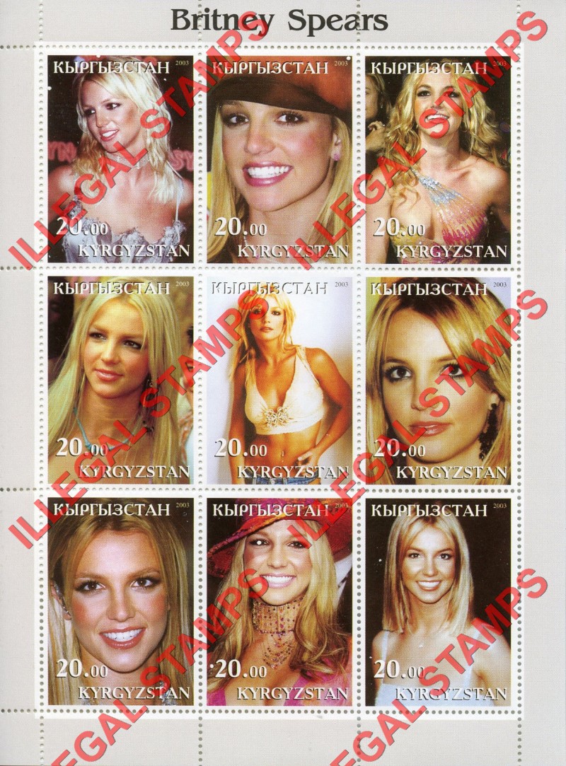 Kyrgyzstan 2003 Britney Spears Illegal Stamp Sheetlet of Nine