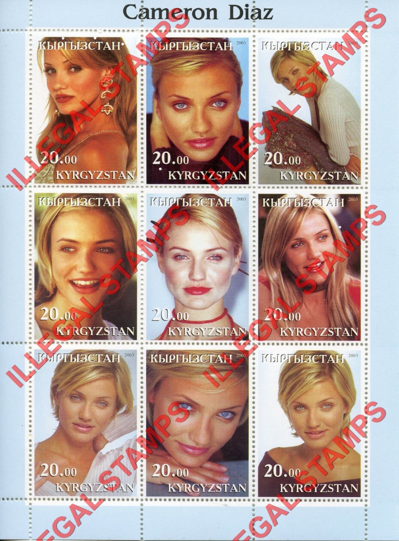 Kyrgyzstan 2003 Cameron Diaz Illegal Stamp Sheetlet of Nine