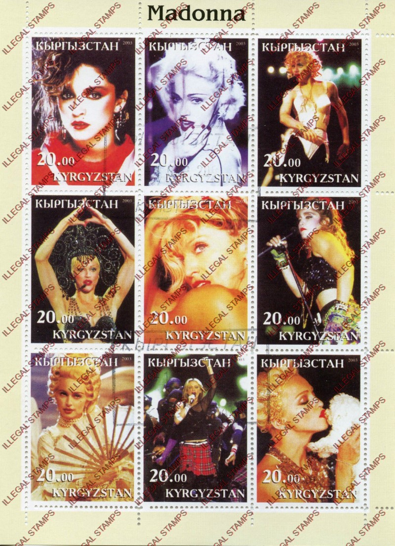 Kyrgyzstan 2003 Madonna Illegal Stamp Sheetlet of Nine