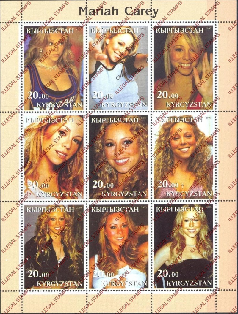Kyrgyzstan 2003 Mariah Carey Illegal Stamp Sheetlet of Nine