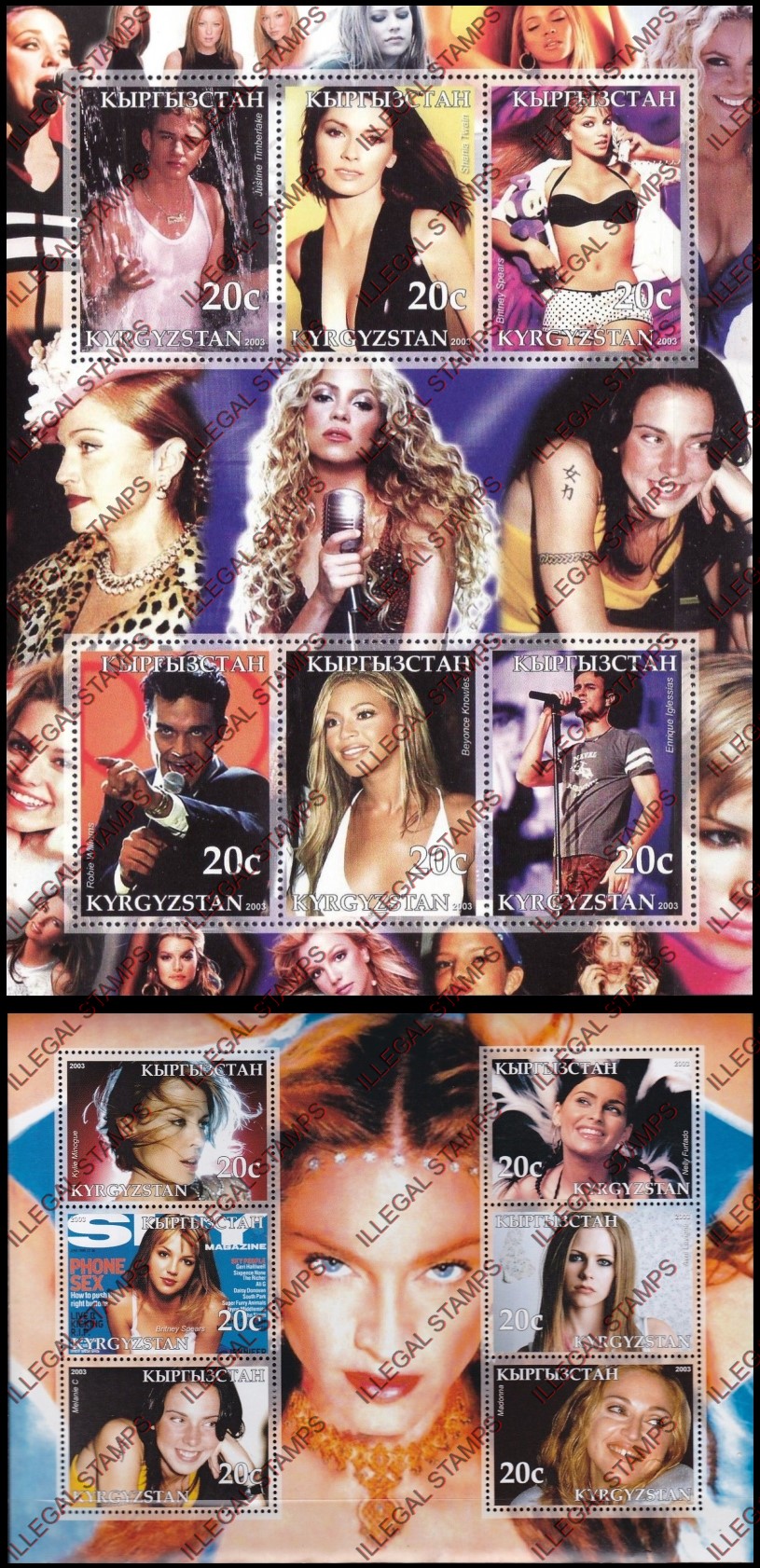 Kyrgyzstan 2003 Pop Singers Illegal Stamp Sheetlets of Six