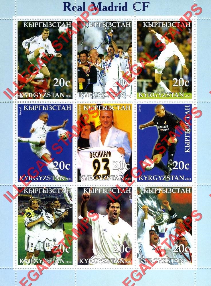 Kyrgyzstan 2003 Soccer (Football) Real Madrid CF Illegal Stamp Sheetlet of Nine