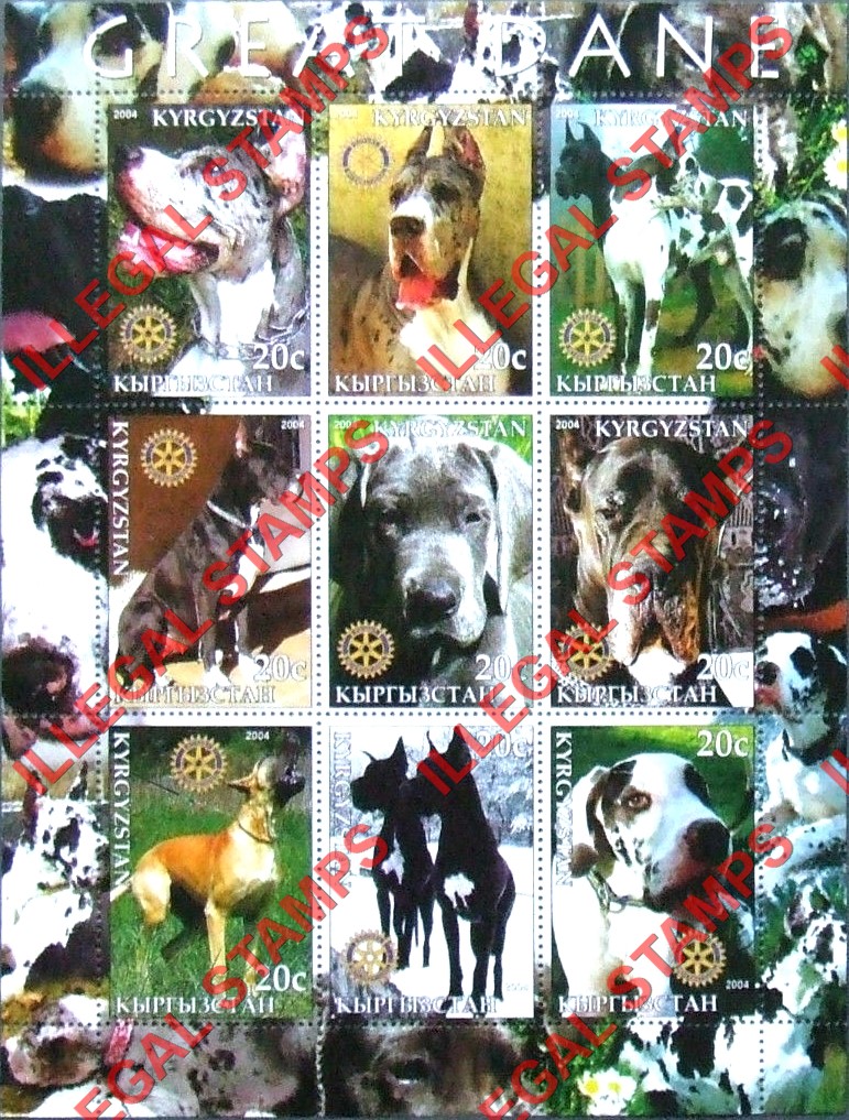 Kyrgyzstan 2004 Dogs Great Dane Illegal Stamp Sheetlet of Nine