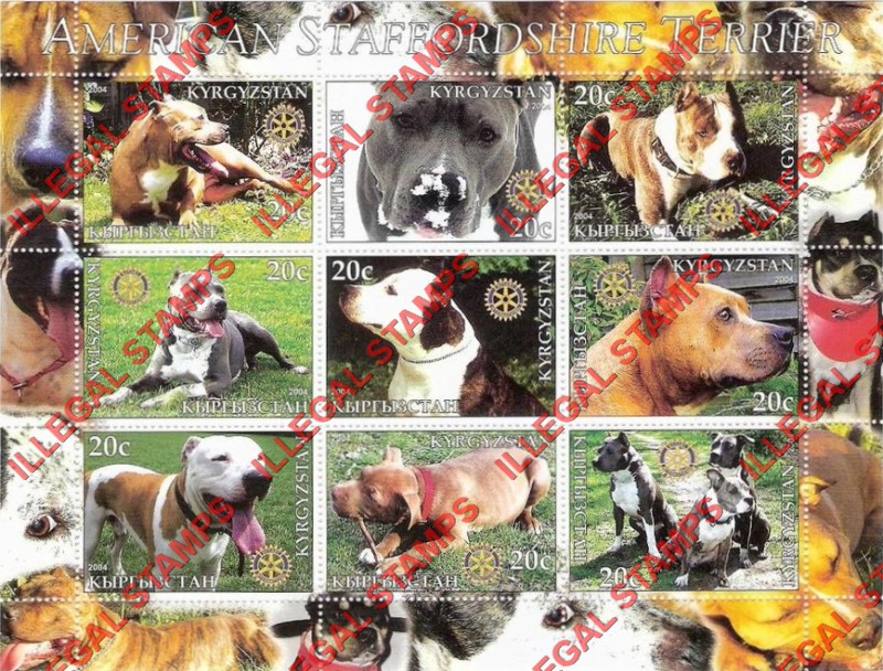 Kyrgyzstan 2004 Dogs American Staffordshire Terrier Illegal Stamp Sheetlet of Nine
