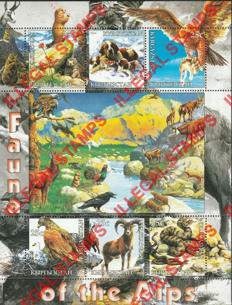 Kyrgyzstan 2004 Fauna of the Alps Illegal Stamp Sheetlet of Six