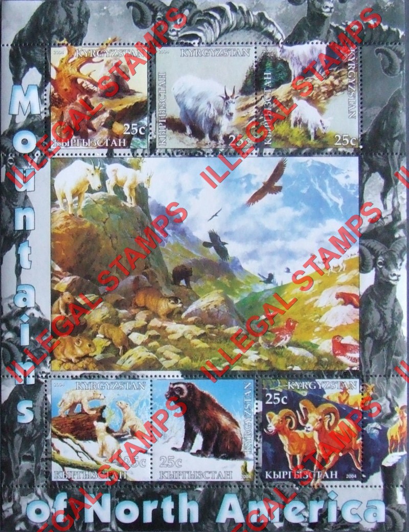Kyrgyzstan 2004 Fauna of Mountains of North America Illegal Stamp Sheetlet of Six