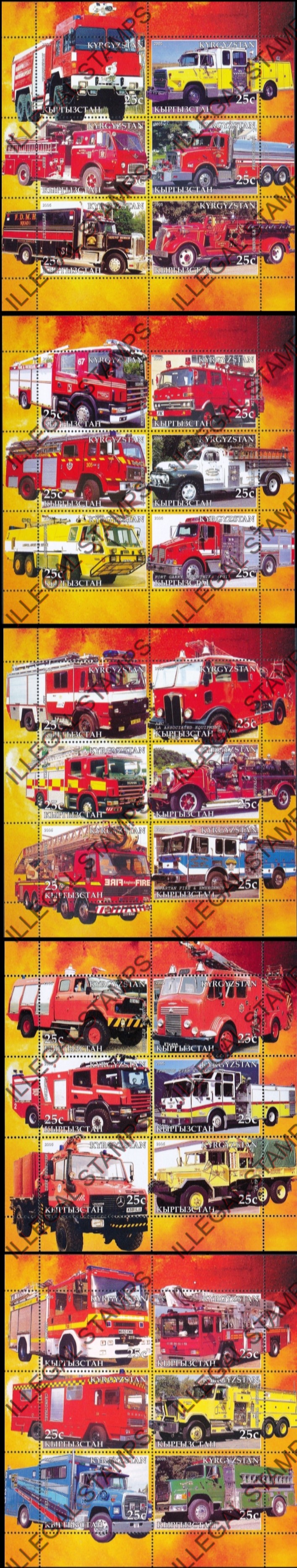 Kyrgyzstan 2005 Fire Engines Illegal Stamp Sheetlets of Six