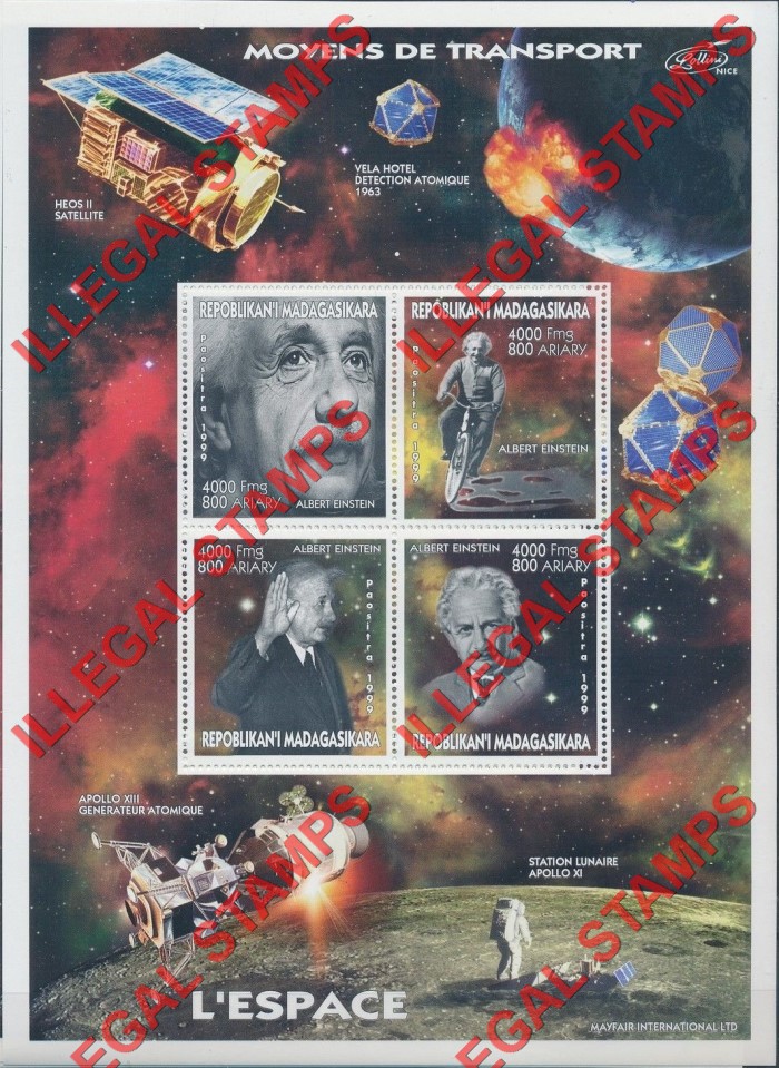 Madagascar 1999 Albert Einstein Illegal Stamp Souvenir Sheet of Four
