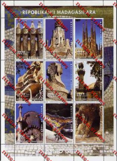 Madagascar 1999 Architecture by Antonio Gaudi Illegal Stamp Sheetlet of Nine
