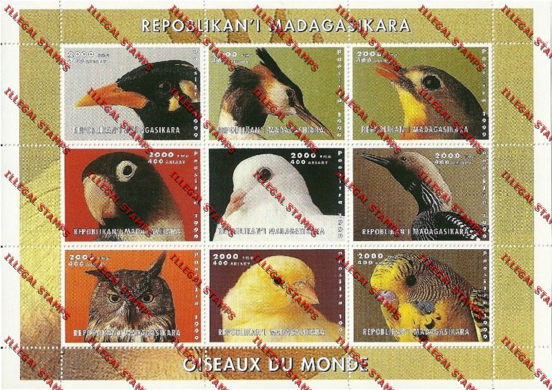Madagascar 1999 Birds of the World Illegal Stamp Sheetlet of Nine