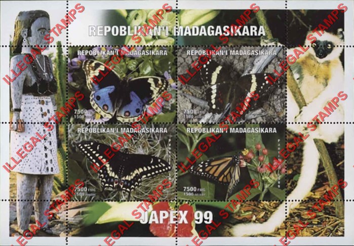 Madagascar 1999 Butterflies JAPEX '99 Illegal Stamp Souvenir Sheet of Four