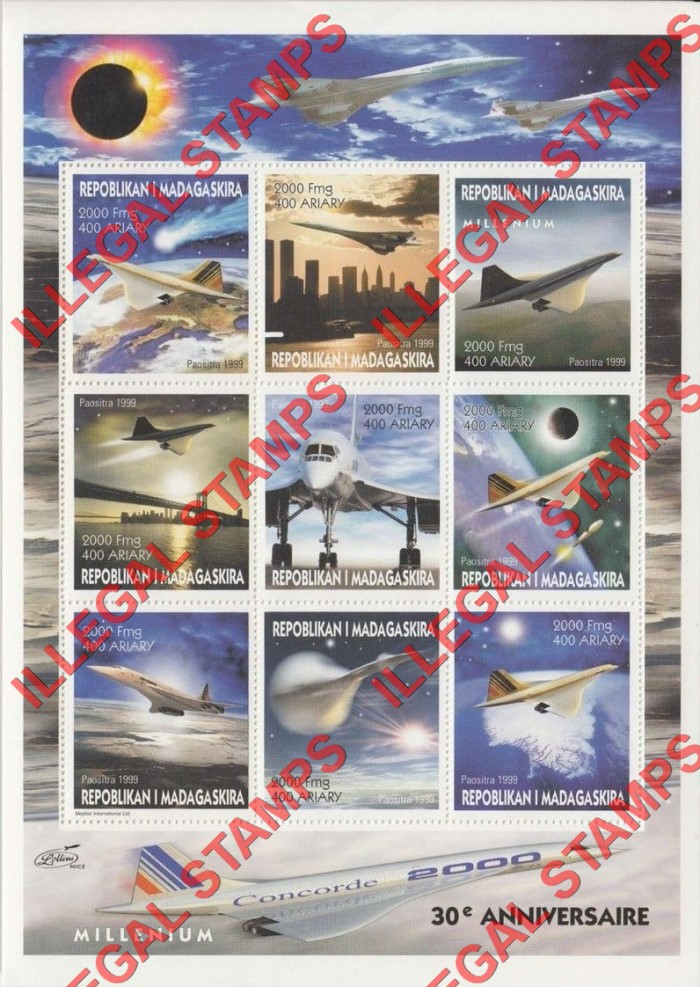 Madagascar 1999 30th Anniversary Millenium Concorde Illegal Stamp Sheetlet of Nine
